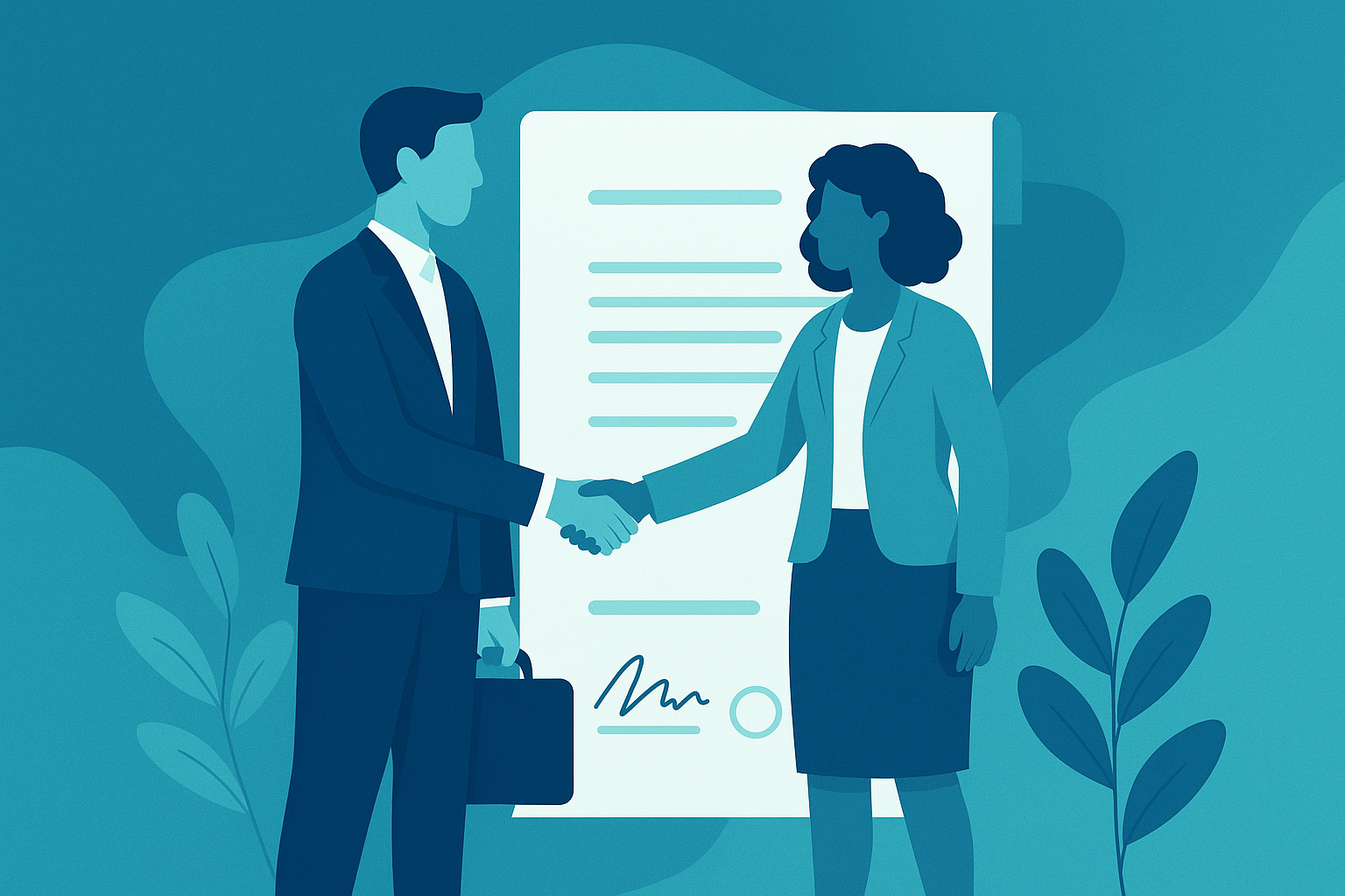 Illustration of business people shaking hands over a signed contract